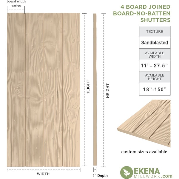 Rustic Four Board Joined Board-n-Batten Sandblasted Faux Wood Shutters W/No Batten, 22W X 28H